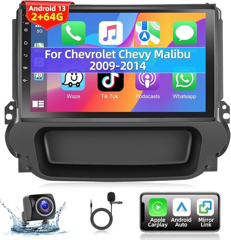 Podofo 2+64G راديو ستيريو للسيارة لسيارة شيفروليه تشيفي ماليبو 2009-2014 مع CarPlay Android Auto 9 بوصة شاشة تعمل باللمس صوت بلوتوث مع نظام تحديد المواقع العالمي (GPS) ومرآة وصلة WiFi RDS Hi-Fi كاميرا احتياطية وميكروفون in Saudi Arabia
