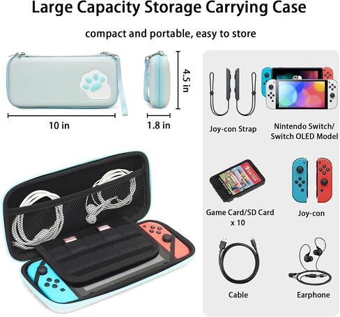 Blue Cat Paw Carrying Storage Case Compatible with Nintendo Switch/Switch OLED Model, Portable Travel Hard Shell Bag with Hand Strap in Saudi Arabia