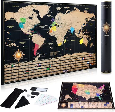 Scratch Off World Map Poster And Deluxe United States Map – Includes Complete Accessories Set & All Country Flags – Premium Wall Art Gift for Travelers, Map of the World in Saudi Arabia
