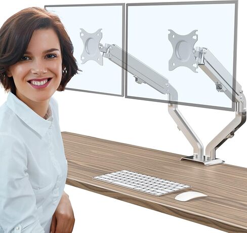 حامل شاشة مزدوج من شركة OverTEK لشاشات مقاس 17 بوصة - 27 بوصة، شاشة بأذرع مزدوجة زنبركية غازية قابلة للتعديل بالكامل تناسب حامل VESA مقاس 75/100 مم، حامل مكتب LCD عالي التحمل لشاشتين، كل ذراع يحمل ما يصل إلى 15.4 رطلًا فضي in Kuwait