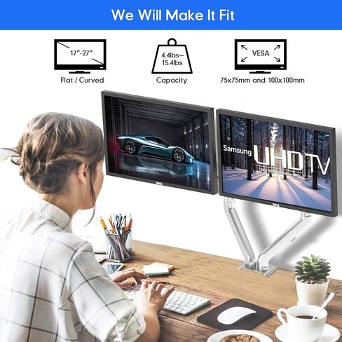 حامل شاشة مزدوج من شركة OverTEK لشاشات مقاس 17 بوصة - 27 بوصة، شاشة بأذرع مزدوجة زنبركية غازية قابلة للتعديل بالكامل تناسب حامل VESA مقاس 75/100 مم، حامل مكتب LCD عالي التحمل لشاشتين، كل ذراع يحمل ما يصل إلى 15.4 رطلًا فضي in Kuwait