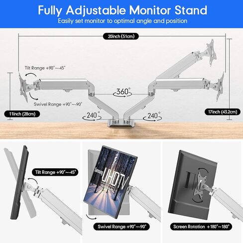 حامل شاشة مزدوج من شركة OverTEK لشاشات مقاس 17 بوصة - 27 بوصة، شاشة بأذرع مزدوجة زنبركية غازية قابلة للتعديل بالكامل تناسب حامل VESA مقاس 75/100 مم، حامل مكتب LCD عالي التحمل لشاشتين، كل ذراع يحمل ما يصل إلى 15.4 رطلًا فضي in Kuwait