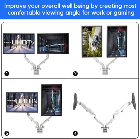 حامل شاشة مزدوج من شركة OverTEK لشاشات مقاس 17 بوصة - 27 بوصة، شاشة بأذرع مزدوجة زنبركية غازية قابلة للتعديل بالكامل تناسب حامل VESA مقاس 75/100 مم، حامل مكتب LCD عالي التحمل لشاشتين، كل ذراع يحمل ما يصل إلى 15.4 رطلًا فضي in Kuwait