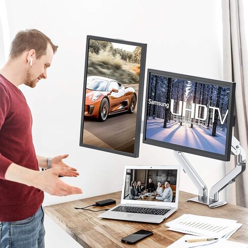 حامل شاشة مزدوج من شركة OverTEK لشاشات مقاس 17 بوصة - 27 بوصة، شاشة بأذرع مزدوجة زنبركية غازية قابلة للتعديل بالكامل تناسب حامل VESA مقاس 75/100 مم، حامل مكتب LCD عالي التحمل لشاشتين، كل ذراع يحمل ما يصل إلى 15.4 رطلًا فضي in Kuwait