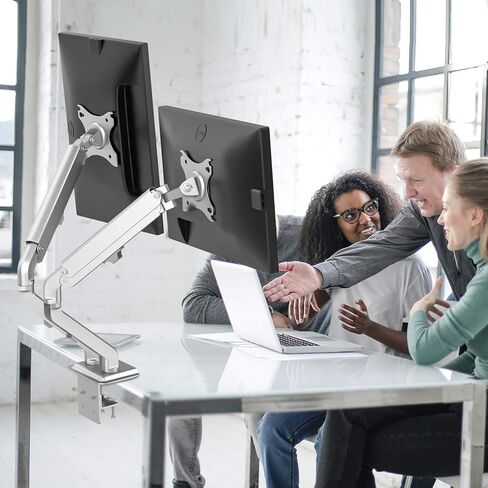 حامل شاشة مزدوج من شركة OverTEK لشاشات مقاس 17 بوصة - 27 بوصة، شاشة بأذرع مزدوجة زنبركية غازية قابلة للتعديل بالكامل تناسب حامل VESA مقاس 75/100 مم، حامل مكتب LCD عالي التحمل لشاشتين، كل ذراع يحمل ما يصل إلى 15.4 رطلًا فضي in Kuwait