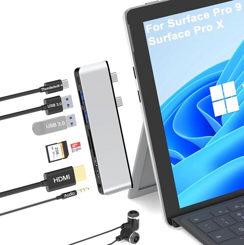 قاعدة تركيب Surface Pro 9، ملحقات Surface Pro 9 مع 4K HDMI، USB-C Thunerbolt 4 (شاشة + بيانات + 100 واط PD)، 2 USB3.0، قارئ بطاقة SD/TF، ​​صوت 3.5 ملم، شاشة عرض ثلاثية Surface Pro 9/10 /11/X محول in Kuwait