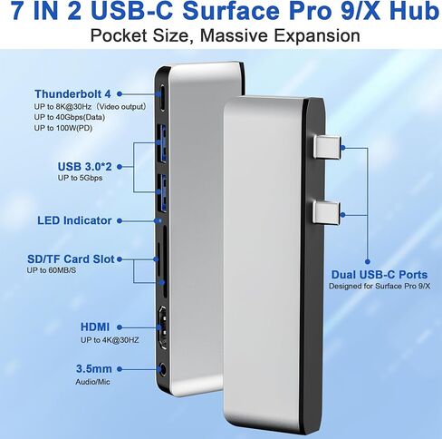 قاعدة تركيب Surface Pro 9، ملحقات Surface Pro 9 مع 4K HDMI، USB-C Thunerbolt 4 (شاشة + بيانات + 100 واط PD)، 2 USB3.0، قارئ بطاقة SD/TF، ​​صوت 3.5 ملم، شاشة عرض ثلاثية Surface Pro 9/10 /11/X محول in Kuwait