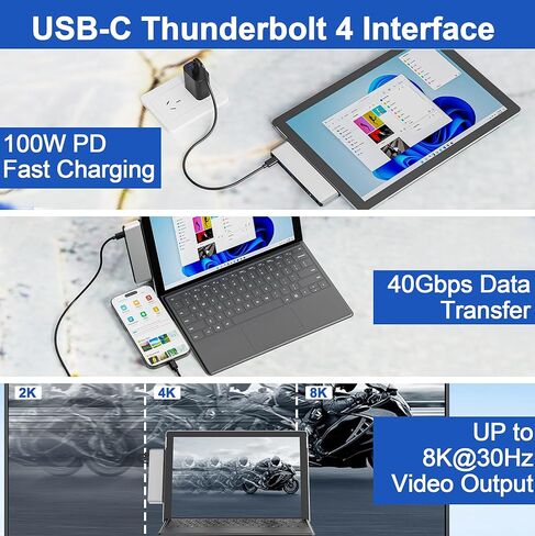 قاعدة تركيب Surface Pro 9، ملحقات Surface Pro 9 مع 4K HDMI، USB-C Thunerbolt 4 (شاشة + بيانات + 100 واط PD)، 2 USB3.0، قارئ بطاقة SD/TF، ​​صوت 3.5 ملم، شاشة عرض ثلاثية Surface Pro 9/10 /11/X محول in Kuwait