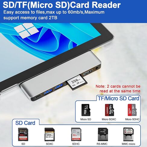 قاعدة تركيب Surface Pro 9، ملحقات Surface Pro 9 مع 4K HDMI، USB-C Thunerbolt 4 (شاشة + بيانات + 100 واط PD)، 2 USB3.0، قارئ بطاقة SD/TF، ​​صوت 3.5 ملم، شاشة عرض ثلاثية Surface Pro 9/10 /11/X محول in Kuwait