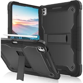 Fingic iPad Pro 11 inch Case 2024 M4 5th Generation with Pencil Holder Heavy Duty High-Impact Shockproof Soft Silicone Rugged Hard PC Bumper Kickstand Protective Case for iPad Pro 11 inch 2024,Black