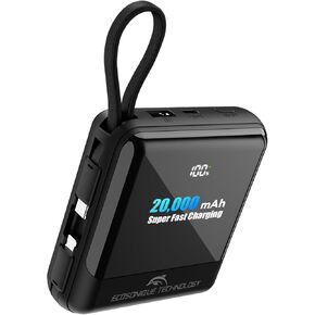 Ecosonique 20000mAh Power Bank 33W Max Fast Charging Portable Charger with Built in Cables USB C Phone Battery Pack for iPhone 15 iPad Samsung Google LG Android Cellphone Tablets Black