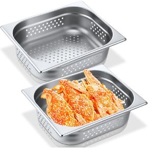 Lounsweer 2 Pack Full Size Perforated Steam Pan Stainless Steel Half Size Perforated Steam Table Food Pan Commercial Catering Food Pan for Kitchen Restaurant Supplies(12.8'' x 4'' x 10.43'')