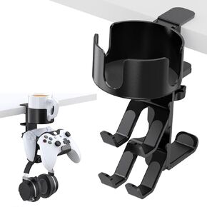 Controller Holder with Headphone Hanger and 3-in-1 Desk Cup Holder, Headphone Stand 360 Degree Rotation Removable Controller Holder,Under Desk Design, Universal Fit (Black)
