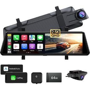 2.5K Mirror Dash Cam Carplay Mirror & Android Auto with Pullable Front Camera, 10" Rear View Mirror Backup Camera with Voice Control/BT Call/64GB Card Included-JOMISE C810