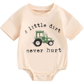 Newborn Baby Boy Bubble Romper A Little Dirt Never Hurt Tractor Short Sleeve Tshirt Bodysuit Summer Farm Outfit