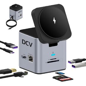 DCV Laptop Docking Station with MagSafe Wireless Charging, 9 in 1 USB C Hub Multiport Adapter with HDMI, 1000Mbps LAN, 3 USB 3.0, SD/TF, USB C Dock Compatible with iPhone 15/Mac/Dell/HP, Silver Gray