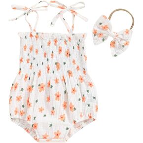 Newborn Baby Girl Summer Bodysuit Print One Piece Spaghetti Strap Romper Bubble Jumpsuit Playsuit with Headband
