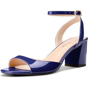 HDEUOLM Womens Chunky Block Mid Heel Open Round Toe Sandals Ankle Strap Buckle Casual Basic Classic Patent Leather Summer 2.6 Inches Heels