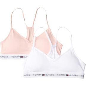 Tommy Hilfiger Girls' Crop Sports Bra (Pack of 2), Racerback Straps & Soft Elastic Waistband, Cotton & Spandex, White Blush