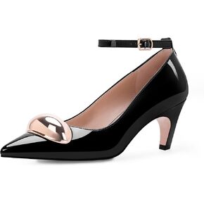Women's Patent Leather Ankle Strap Kitten Heel Pumps Metal Decoration Closed Toe Dress Heels