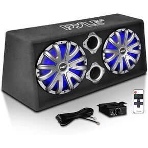 Pyle 8'' Dual Bass Subwoofer Box System - 400-Watt Slim Mount Truck Audio Subwoofer Box - Rear Vented Design with Built-in Illuminating LED Lights, 2x400 Watts Max Power - PLBA82LE,Black