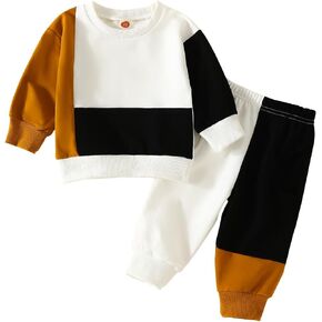 Toddler Baby Boy Fall Clothes Color Block Long Sleeve Sweatshirt Top Pants Set Crewneck Pullover 2pcs Outfits