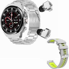 Tuanzi JM08 2 in 1 Smart Watch with Earbuds 1.28" Smartwatch TWS HiFi Stereo Wireless Headset Combo Bluetooth Phone Call for Android iOS (Silver Steel+Silicone)