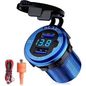 12V-24V USB Charger, Dual Port QC 3.0 Fast Charging, All Metal Body, Non-Slip Button Switch, Waterproof & Dustproof, Suitable for Vehicles, Motorcycles, Boats (2 Pcs USB Charger +1 Pcs Hole Saw)