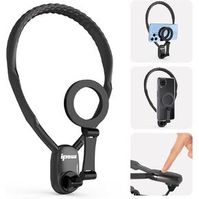 IPOW Magnetic Neck Mount for Phones, Neck Cell Phone Holder POV/Vlog Selfie Mount Hand Free Phone Neck Holder Chest Stand Strap Video Recording for iPhone 16 15 14 13 12 Seires, Black