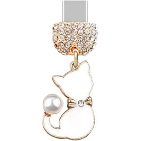 ELISE & FONDA TP194 Type-C USB Charging Port Crystal Anti Dust Plug Little Cat Pet Pendant Cell Phone Charm for Samsung Galaxy/Huawei/OnePlus/Xiaomi/oppo Android Phones (White)