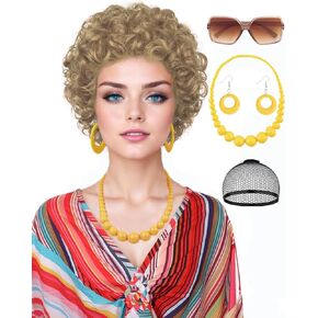 Mrs Roper Wig and Accessories 5pcs set Red Orange Wig for Landlady Costume Heat Resistant Synthetic Annie Wig For Cosplay Halloween Party Fun