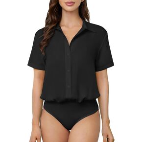 TQD Women Button Down Bodysuit Long Sleeve Collared Dress Shirts Satin Blouse Body Suit Dressy Business Casual Formal Work Body Suits Tops Clothes Office Professional