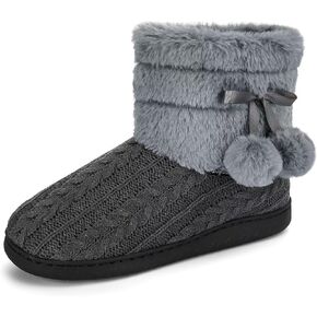 Knit Slipper Boots Women Plush Lining Memory Foam Indoor Outdoor House Shoes with Pom-Pom
