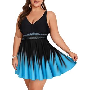 Hanna Nikole Womens Plus Size Tankini Swimdress with Boyshorts Two Piece V Neck Backless Bathing Suit Black Lake Blue US 16W