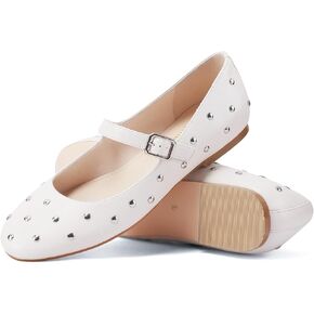 Vaslemuse Studded Ballet Flats for Women Round Toe Buckle Strap Mary Jane Shoes Daily Life Casual Work