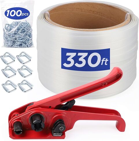 مجموعة أشرطة التغليف Hawaminent - 3/4 بوصة × 330 قدم من البوليستر المنسوج من مادة البولي بروبيلين، أداة شد الربط، 100 قطعة من الأبازيم الفولاذية، قوة الشد، عبوة مرنة قابلة لإعادة الاستخدام in Kuwait