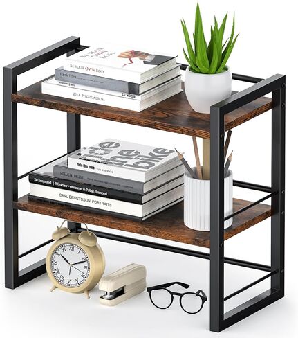 Office Desk Shelf Organizer, Wood Desktop Bookshelf Supplies Storage Rack, Shelf for Top of Desk and Dresser (Black-2 Tier) in Kuwait