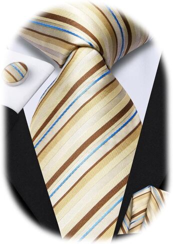 Hi-Tie Navy and Gold Stripe Ties Set For Men Woven Silk Necktie Flower Lapel Pin Pocket Square Cufflinks Wedding Party Business in Saudi Arabia