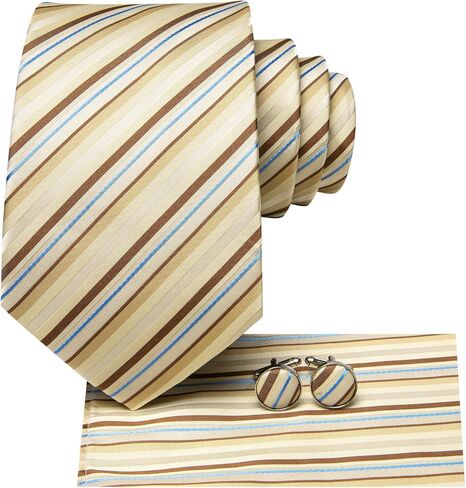 Hi-Tie Navy and Gold Stripe Ties Set For Men Woven Silk Necktie Flower Lapel Pin Pocket Square Cufflinks Wedding Party Business in Saudi Arabia