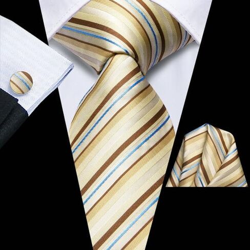 Hi-Tie Navy and Gold Stripe Ties Set For Men Woven Silk Necktie Flower Lapel Pin Pocket Square Cufflinks Wedding Party Business in Saudi Arabia