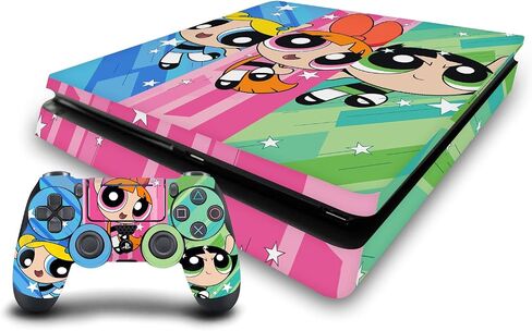 تصميمات غطاء الرأس مرخصة رسميًا من مجموعة Powerpuff Girls Group ذات رسومات كبيرة الحجم من الفينيل غطاء لاصق للألعاب متوافق مع جهاز Sony PlayStation 4 PS4 Slim Console ووحدة التحكم DualShock 4 in Kuwait