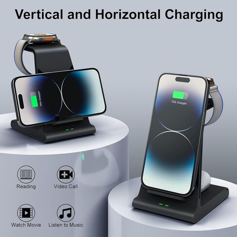 قاعدة شحن لاسلكية لأجهزة Apple المتعددة، قاعدة شحن لاسلكية 3 في 1 لأجهزة iPhone 15/14/13/12/Pro/Max/XS/XR، شاحن لاسلكي سريع لساعة Apple Ultra 2/9/8/7/6/5 /4/3/2، إيربودز برو 2/3 in Kuwait
