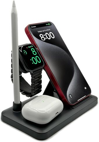 Fast Wireless Charging Station 4-in-1 for iPhone 15/14/13/12/11/Pro/Pro Max, Apple Watch 9/8/Ultra 2/Ultra/SE/7/6/5/4/3/2, AirPods Pro/3/2/1, Apple Pencil - Foldable Stand, Black in Saudi Arabia