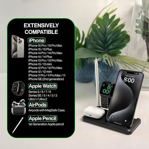 Fast Wireless Charging Station 4-in-1 for iPhone 15/14/13/12/11/Pro/Pro Max, Apple Watch 9/8/Ultra 2/Ultra/SE/7/6/5/4/3/2, AirPods Pro/3/2/1, Apple Pencil - Foldable Stand, Black in Saudi Arabia