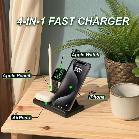 Fast Wireless Charging Station 4-in-1 for iPhone 15/14/13/12/11/Pro/Pro Max, Apple Watch 9/8/Ultra 2/Ultra/SE/7/6/5/4/3/2, AirPods Pro/3/2/1, Apple Pencil - Foldable Stand, Black in Saudi Arabia