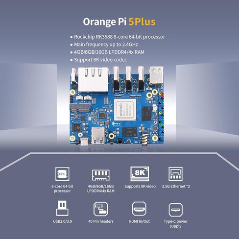 Orange Pi 5 Plus 4GB LPDDR4/4x Rockchip RK3588 8-Core 64-Bit كمبيوتر لوحي واحد مع وحدة eMMC سعة 32 جيجابايت، لوحة تطوير تعمل بنظام تشغيل Orange Pi/Linux/Ubuntu/Debian/Android (4GB+32GB eMMC) in Saudi Arabia
