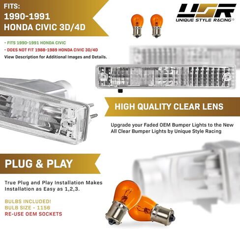 مصابيح زاوية USR DEPO 90-91 Civic ثلاثية الأبعاد - مجموعة مصابيح إشارة الانعطاف الأمامية لوقوف السيارات (يسار + يمين) متوافقة مع 1990-1991 Honda Civic 3 أبواب Hatchback (جميع العدسات الشفافة) in Kuwait