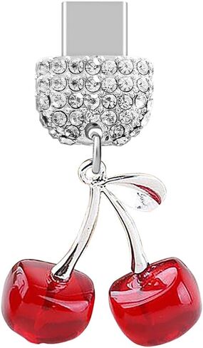 ELISE & FONDA TP239 Type-C USB Charging Port Crystal Anti Dust Plug Big 3D Cherry Pendant Cell Phone Charm for Samsung Galaxy/Huawei/OnePlus/Xiaomi/oppo Android Phones (Red) in Saudi Arabia