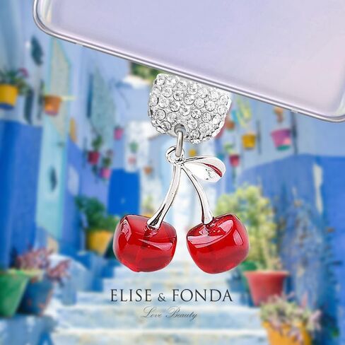 ELISE & FONDA TP239 Type-C USB Charging Port Crystal Anti Dust Plug Big 3D Cherry Pendant Cell Phone Charm for Samsung Galaxy/Huawei/OnePlus/Xiaomi/oppo Android Phones (Red) in Saudi Arabia