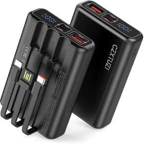 Portable Charger 10000mAh with Built in Cables,PD 22.5W Fast Charging Power Bank,LCD Display Battery Pack for Heated Vest Heated Jacket Heated Clothing iPhone Samsung iPad etc.